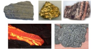 Clockwise from top left: sedimentary, conglomerate, metamorphic, igneous, lava