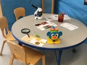 photo of classroom set-up for kids to test microscopes
